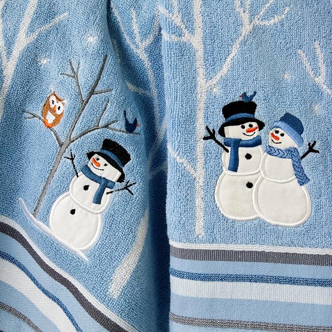 SKL Home Christmas Winter Friends Snowman Hand Towel Set-2pc, Blue | 100% Cotton. 450 GSM. Soft & absorbent jacquard with embroidery. Great for the bathroom, kitchen or bar & holiday gifting.