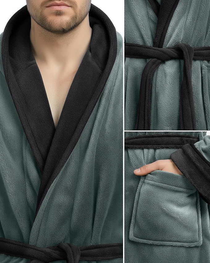 NY Threads Mens Robe with Hood, Luxury Plush Fleece Hooded Mens Bathrobe, Spa Bath Robe for Men