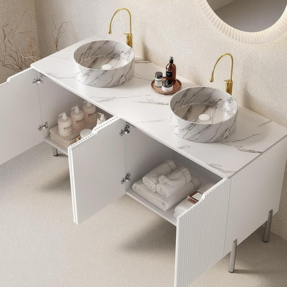 Ambrovina 60" Bathroom Vanity with Double Sink, Freestanding Bathroom Storage Cabinet with 4 Soft-Closing Doors, 2 White Round Ceramic Basins and Carrara White Sintered Stone Countertop, White