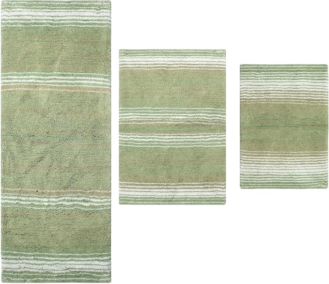 Home Weavers 100% Cotton Gradiation Collection Bathroom Décor | Washable Rug | Bathroom Mat | Kitchen Mat | Bathroom Rug Set | Bath Mat Set | Bath Floor Mat Non Slip, 3 Piece Set with Runner, Sage