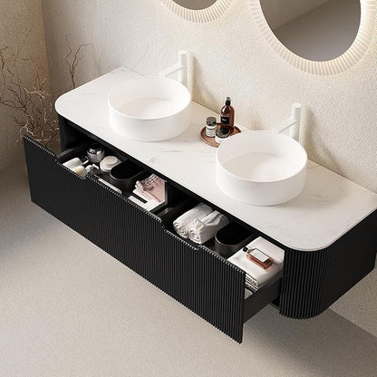 60'' Bathroom Vanities Cabinet with Sink, Wall Mounted Floating Cabinet W/Curved Edges Stripes, Oak Plywood, Soft-Close System with 2 Drawer & 2 White Round Ceramic Basin - Kiel, Black