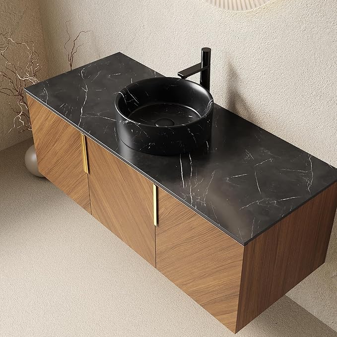 48 Inch Bathroom Vanity with Single Sink, Floating Vanity with Vessel Sink, Modern Bathroom Vanity Cabinet with 3 Doors, Sintered Stone Countertop and Black Round Basin,Brown Oak