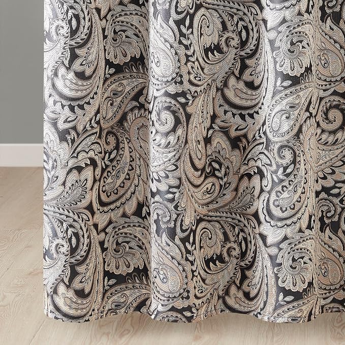 Madison Park - MP70-845 Aubrey Shower Curtain Paisley Jacquard Pieced Microfiber Faux Silk Modern Home Bathroom Decorations Bathtub Privacy Screen, 72" x 72", Black | Microfiber, Adds Privacy, Machine Washable, Striped Pattern, OEKO-TEX Certified
