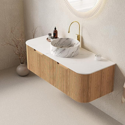 48'' Bathroom Vanities Cabinet with Sink Combo, Wall Mounted Floating Cabinet W/Curved Edges Stripes, Oak Plywood, Soft-close System with 2 Drawer & White Round Ceramic Basin - Kiel, Natural Wood/S