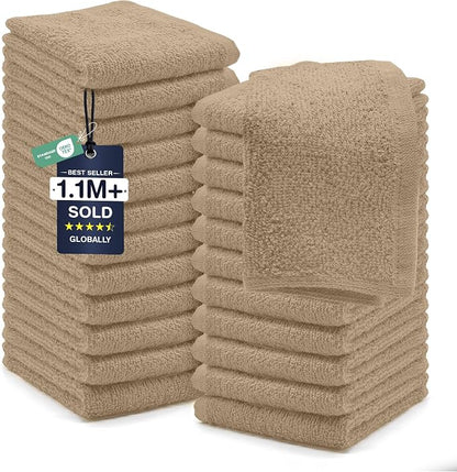 DAN RIVER 24 Pack Cotton Wash Cloths Set for Showering [12x12] Tan | Lighter Weight, Quick to Dry, Super Soft & Absorbent Face Towels, Hotel Quality, Perfect for Bathroom, Gym, Spa