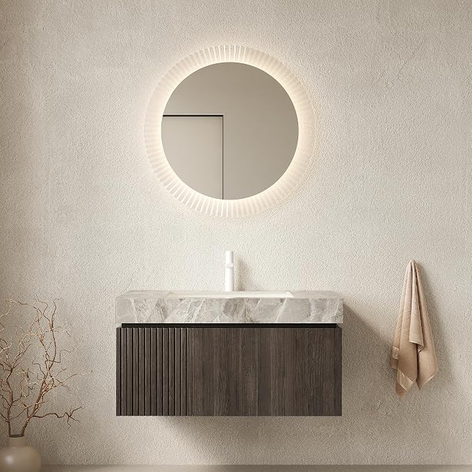 KEIKI 36 Inch Floating Bathroom Vanity with Sink, Espresso & Grey | Modern Wall Mounted Storage Cabinet w/ Drawer & Door, Pre-assembled Wood Panels, Sintered Stone Top & Ceramic Basin Combo Set