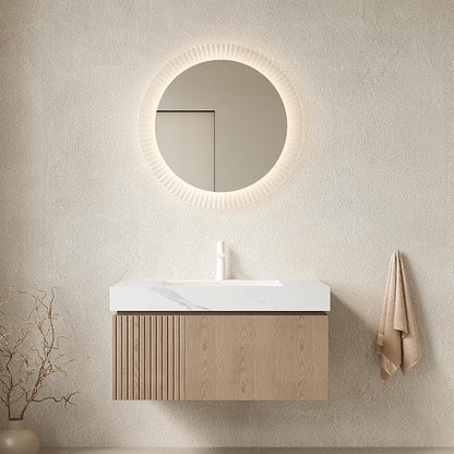 KEIKI 36 Inch Floating Bathroom Vanity with Sink, Light Brown & White | Modern Wall Mounted Storage Cabinet w/ Drawer & Door, Pre-assembled Wood Panels, Sintered Stone Top & Ceramic Basin Combo Set