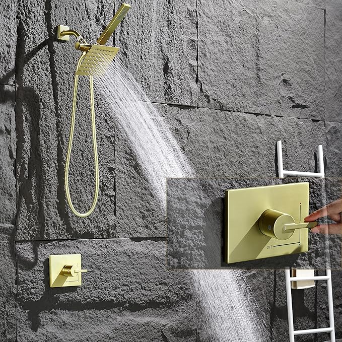 Brushed Gold Shower Fixtures - Dual shower Heads with Handheld Spray Combo, All Metal 6" Dual Head & 3-Way Diverter.