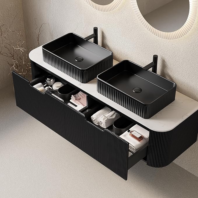 Yayzy 60" Floating Bathroom Vanity with Sink, Solid Wood Fluted Cabinet, Black Fluted Square Ceramic Basin & Faux Marble Top, Soft-Close Drawer, Pre-Assembled, Gloss Black