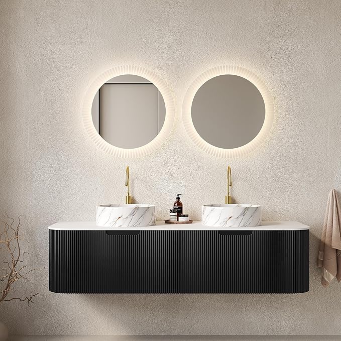 60'' Bathroom Vanities Cabinet with Sink, Wall Mounted Floating Cabinet W/Curved Edges Stripes, Oak Plywood, Soft-Close System with 2 Drawer & 2 White Round Ceramic Basin - Kiel, Black/S