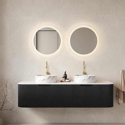 60'' Bathroom Vanities Cabinet with Sink, Wall Mounted Floating Cabinet W/Curved Edges Stripes, Oak Plywood, Soft-Close System with 2 Drawer & 2 White Round Ceramic Basin - Kiel, Black/S