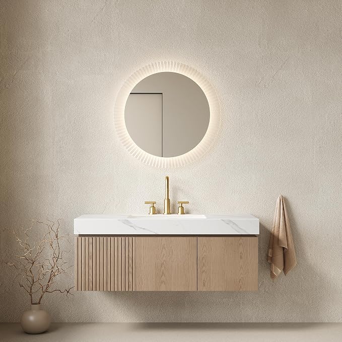 KEIKI 48 Inch Floating Bathroom Vanity with Sink, Light Brown & White | Modern Wall Mounted Storage Cabinet w/ Drawer & Door, Pre-assembled Wood Panels, Sintered Stone Top & Ceramic Basin Combo Set