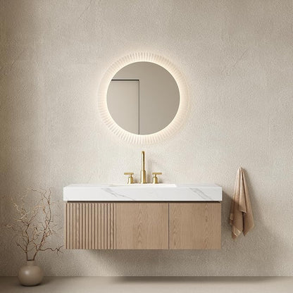 KEIKI 48 Inch Floating Bathroom Vanity with Sink, Light Brown & White | Modern Wall Mounted Storage Cabinet w/ Drawer & Door, Pre-assembled Wood Panels, Sintered Stone Top & Ceramic Basin Combo Set