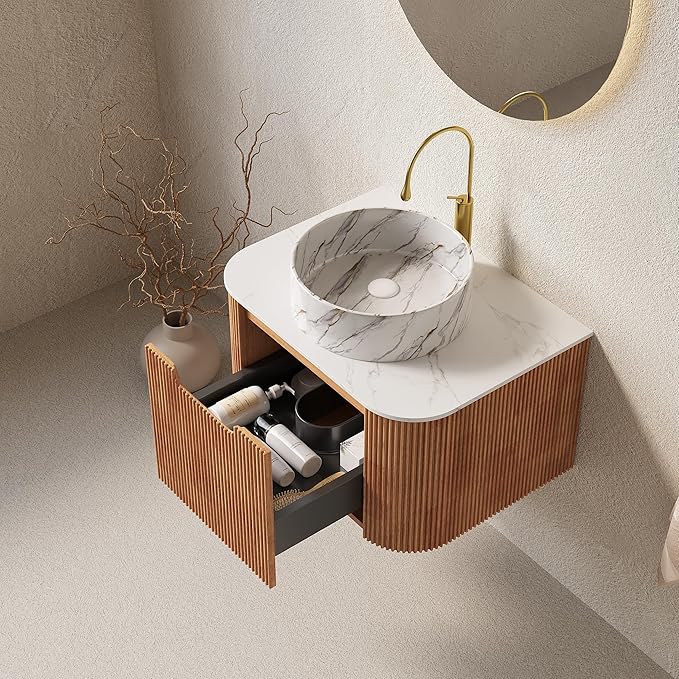 Yayzy 24" Floating Bathroom Vanity with Sink, Solid Wood Fluted Cabinet, White Marble-Patterned Ceramic Basin & Faux Marble Top, Soft-Close Drawer, Pre-Assembled, Natural Woodgrain