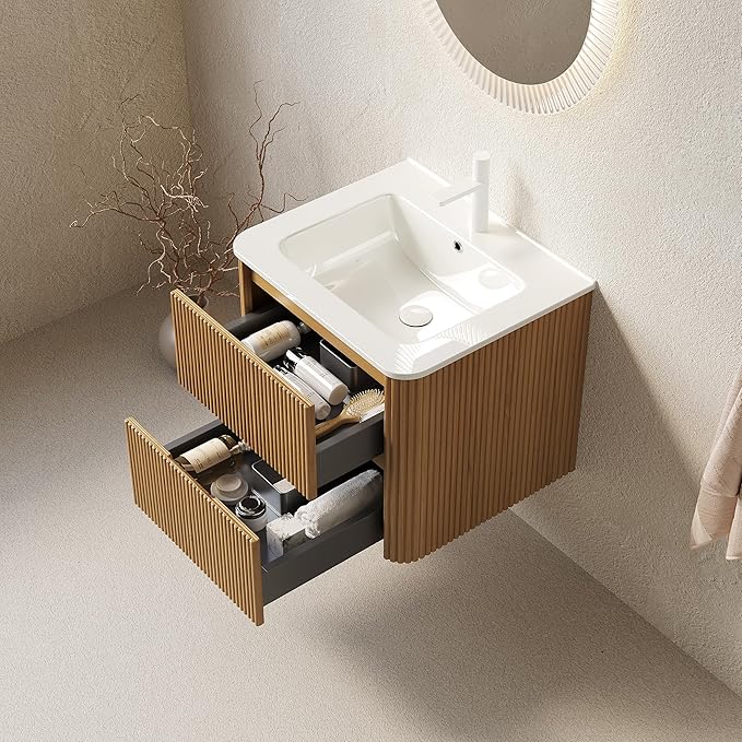 24" Floating Bathroom Vanity with Sink, Wall Mounted Modern Bathroom Cabinet with 2 Soft Close Drawers, Oak & Plywood, Pre-Assembled with Integrated Ceramic Basin – Bruges, Natural Wood