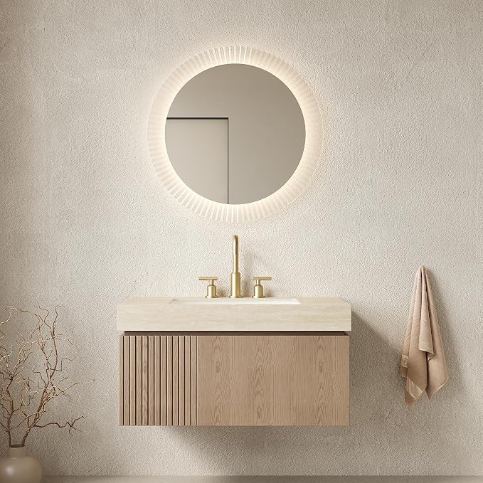 KEIKI 36 Inch Floating Bathroom Vanity with Sink, Light Brown & Beige | Modern Wall Mounted Storage Cabinet w/ Drawer & Door, Pre-assembled Wood Panels, Sintered Stone Top & Ceramic Basin Combo Set