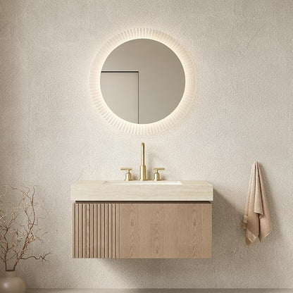 KEIKI 36 Inch Floating Bathroom Vanity with Sink, Light Brown & Beige | Modern Wall Mounted Storage Cabinet w/ Drawer & Door, Pre-assembled Wood Panels, Sintered Stone Top & Ceramic Basin Combo Set