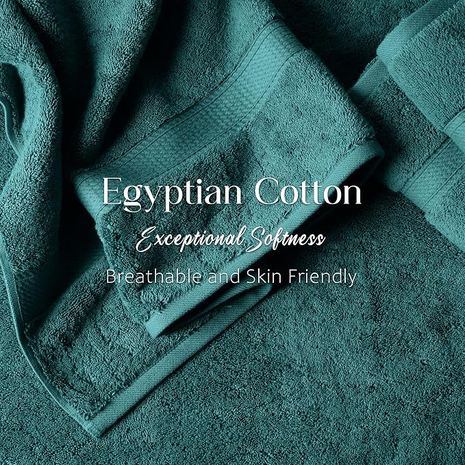 SUPERIOR Egyptian Cotton Ultra Plush & Absorbent, 12 Piece Set, Teal | Heavyweight 12 Pc Egyptian Cotton Towel Set Includes 4 Bath Towels 4 Hand Towels 4 Washcloths Decorative Rope Border