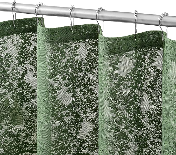 Green Lace Shower Curtain 72x84, 84 Inches Long with Attached Valance | Scalloped Trim, Floral Lace Fabric, Sheer Shower Curtain for Vintage Cottagecore Tall Bathrooms, Machine Wash
