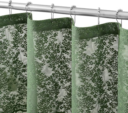 Green Lace Shower Curtain 72x84, 84 Inches Long with Attached Valance | Scalloped Trim, Floral Lace Fabric, Sheer Shower Curtain for Vintage Cottagecore Tall Bathrooms, Machine Wash