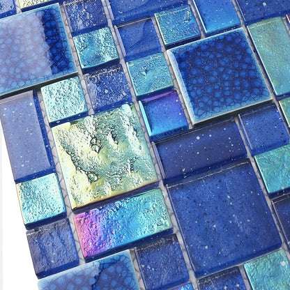 Blue Glass Mosaic Tiles French Pattern Square Mosaics Sheets Iridescent Cobalt Blue Crystal Glass Ceramic Accent Wall Tile for Swimming Pool Kitchen Bathroom Backsplash (5 Square Feet)