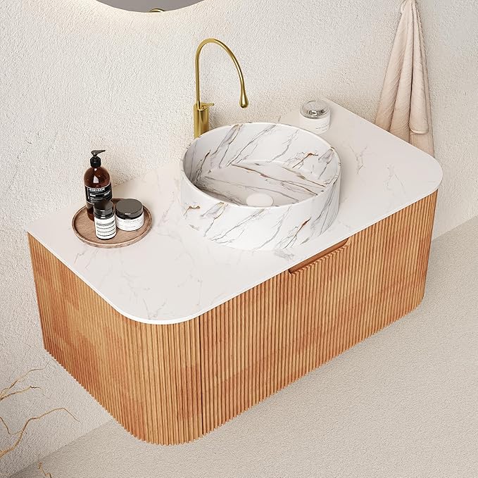 36'' Floating Vanity with Sink Combo, Modern Wall-Mounted Curved Edges Striped Bathroom Storage Cabinet with Soft-Close Drawer and White Stone Pattern Basin, Natural Walnut