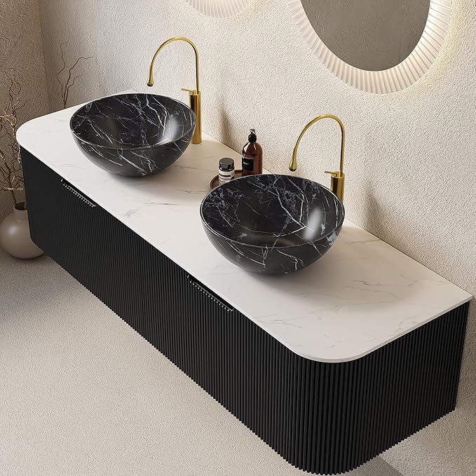 60'' Bathroom Vanities Cabinet with Sink, Wall Mounted Floating Cabinet W/Curved Edges Stripes, Oak Plywood, Soft-Close System with 2 Drawer & 2 Black Bowl Ceramic Basin - Kiel, Black/R