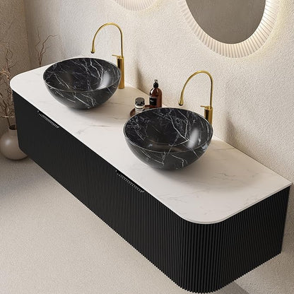 60'' Bathroom Vanities Cabinet with Sink, Wall Mounted Floating Cabinet W/Curved Edges Stripes, Oak Plywood, Soft-Close System with 2 Drawer & 2 Black Bowl Ceramic Basin - Kiel, Black/R