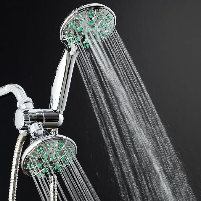 AquaDance Antimicrobial/Anti-Clog High-Pressure 30-setting Dual Head Combination Shower with Microban Nozzle Protection From Growth of Mold, Mildew & Bacteria for a Healthier Shower– Coral Green, 4 In