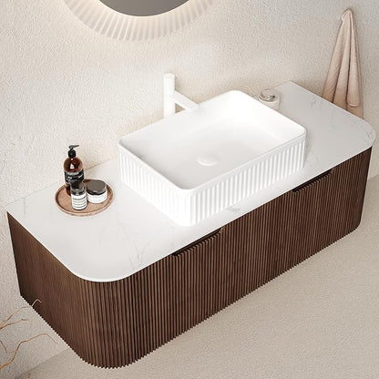 LKTART 48 Inch Floating Bathroom Vanity with Sink, Modern Wall Mounted Bathroom Storage Cabinet with Drawer, Square White Ceramic Sink Top and Marble Texture Top, Walnut