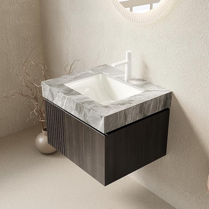 KEIKI 24 Inch Floating Bathroom Vanity with Sink, Espresso & Grey | Modern Wall Mounted Storage Cabinet with 2 Doors, Pre-assembled Wood Panels, Sintered Stone Top & Ceramic Basin Combo Set