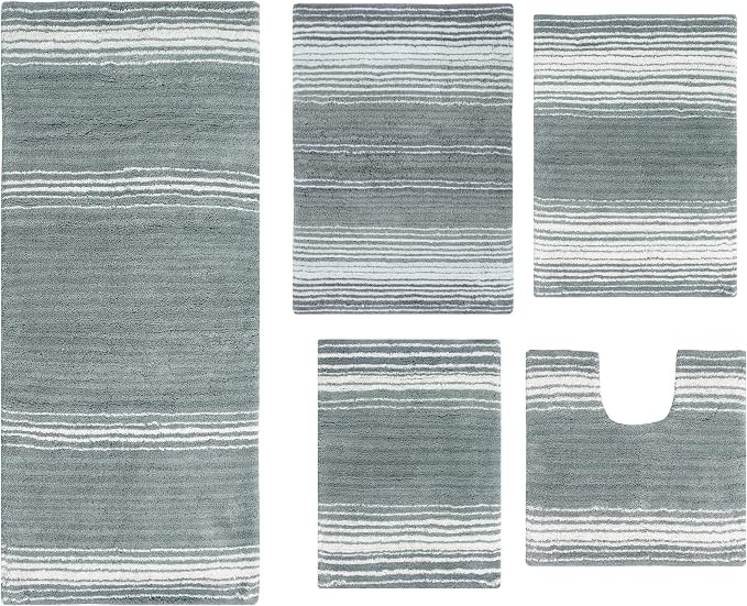 Home Weavers 100% Cotton Gradiation Collection Bathroom Décor | Washable Rug | Bathroom Mat | Kitchen Mat | Bathroom Rug Set | Bath Mat Set | Bath Floor Mat Non Slip, 5 Piece Set with Contour, Gray