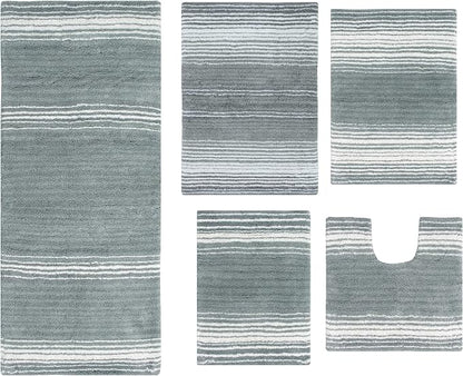 Home Weavers 100% Cotton Gradiation Collection Bathroom Décor | Washable Rug | Bathroom Mat | Kitchen Mat | Bathroom Rug Set | Bath Mat Set | Bath Floor Mat Non Slip, 5 Piece Set with Contour, Gray