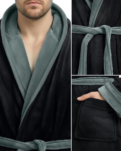 NY Threads Mens Robe with Hood, Luxury Plush Fleece Hooded Mens Bathrobe, Spa Bath Robe for Men