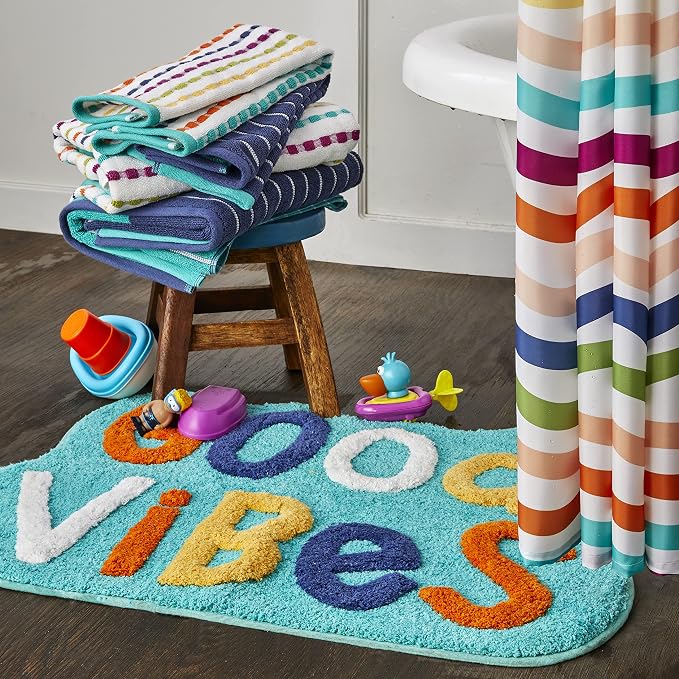 SKL Home Good Vibes Hand Towel Set-2pc, Premium 100% Cotton, Multi | 550 GSM weight. Soft & absorbent terry with colorful stripes. For use in the bathroom, kitchen, bar or any sink space.