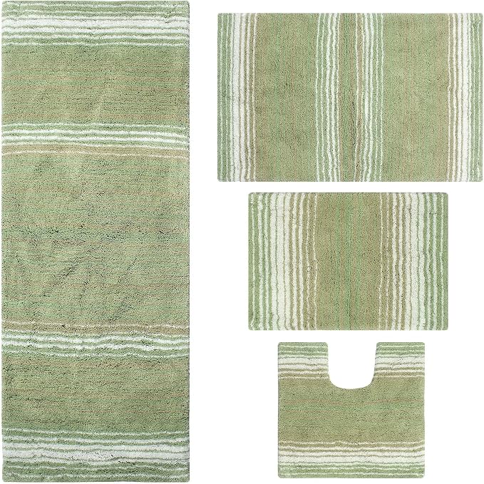 Home Weavers 100% Cotton Gradiation Collection Bathroom Décor | Washable Rug | Bathroom Mat | Kitchen Mat | Bathroom Rug Set | Bath Mat Set | Bath Floor Mat Non Slip, 4 Piece Set with Runner, Sage