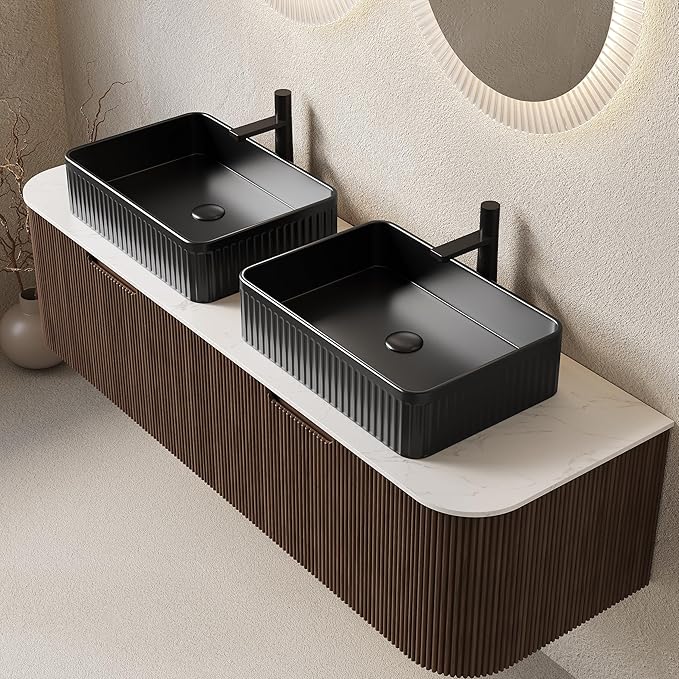 60'' Bathroom Vanities Cabinet with Sink, Wall Mounted Floating Cabinet W/Curved Edges Stripes, Oak Plywood, Soft-Close System with 2 Drawer & 2 Black Rectangular Ceramic Basin - Kiel, Dark Walnut/B