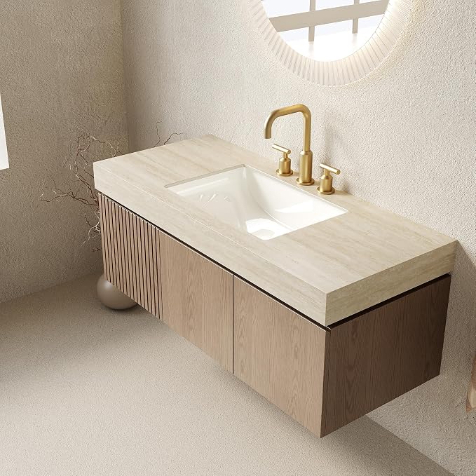 KEIKI 48 Inch Floating Bathroom Vanity with Sink, Light Brown & Beige | Modern Wall Mounted Storage Cabinet w/ Drawer & Door, Pre-assembled Wood Panels, Sintered Stone Top & Ceramic Basin Combo Set