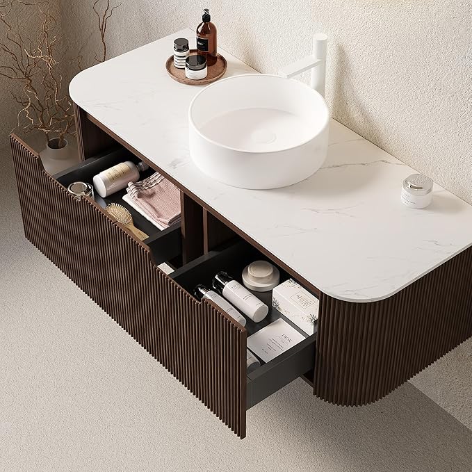 Yayzy 48" Floating Bathroom Vanity with Sink, Solid Wood Fluted Cabinet, White Round Ceramic Basin & Faux Marble Top, Soft-Close Drawer, Pre-Assembled, Walnut Woodgrain
