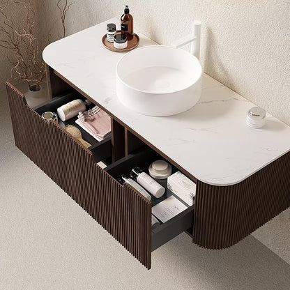 Yayzy 48" Floating Bathroom Vanity with Sink, Solid Wood Fluted Cabinet, White Round Ceramic Basin & Faux Marble Top, Soft-Close Drawer, Pre-Assembled, Walnut Woodgrain