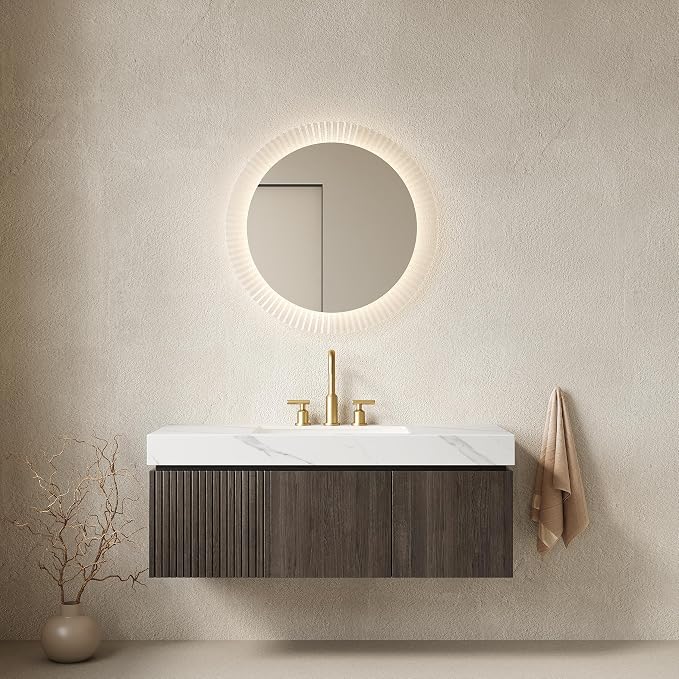 KEIKI 48 Inch Floating Bathroom Vanity with Sink, Espresso & White | Modern Wall Mounted Storage Cabinet w/ Drawer & Door, Pre-assembled Wood Panels, Sintered Stone Top & Ceramic Basin Combo Set