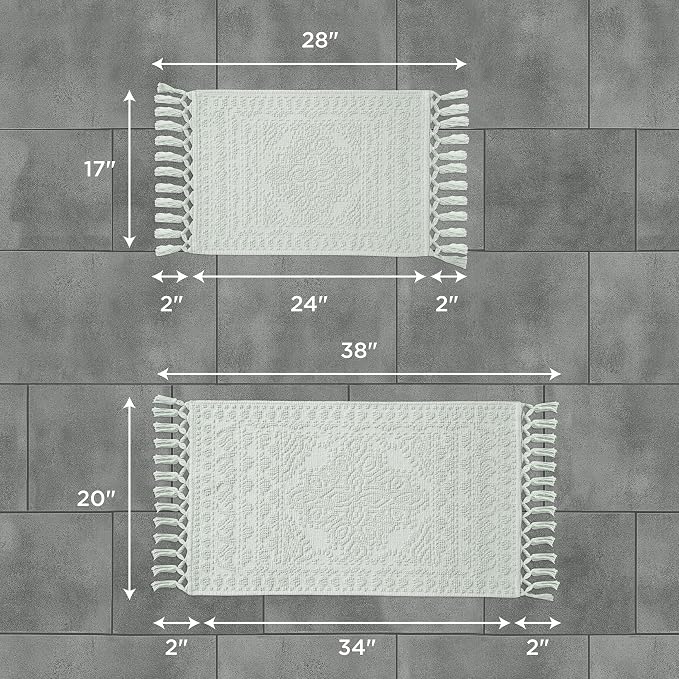 French Connection Nellore Bathroom Rugs, Set of 2 Woven and Beaded Bathroom Mats, Durable Bath Rugs, Thick Bath Mats for Bathroom and Shower Rugs, 17" x 28" and 20" x 38", Light Blue