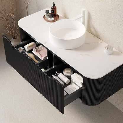Yayzy 48" Floating Bathroom Vanity with Sink, Solid Wood Fluted Cabinet, White Round Ceramic Basin & Faux Marble Top, Soft-Close Drawer, Pre-Assembled, Gloss Black