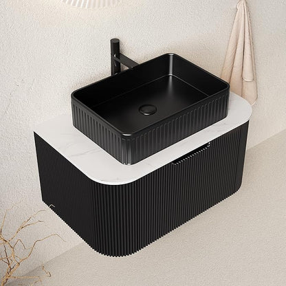 30'' Bathroom Vanities Cabinet with Sink Combo, Wall Mounted Floating Cabinet W/Curved Edges Stripes, Oak Plywood, Soft-Close System with a Drawer, Black Rectangular Ceramic Basin - Kiel, Black/B