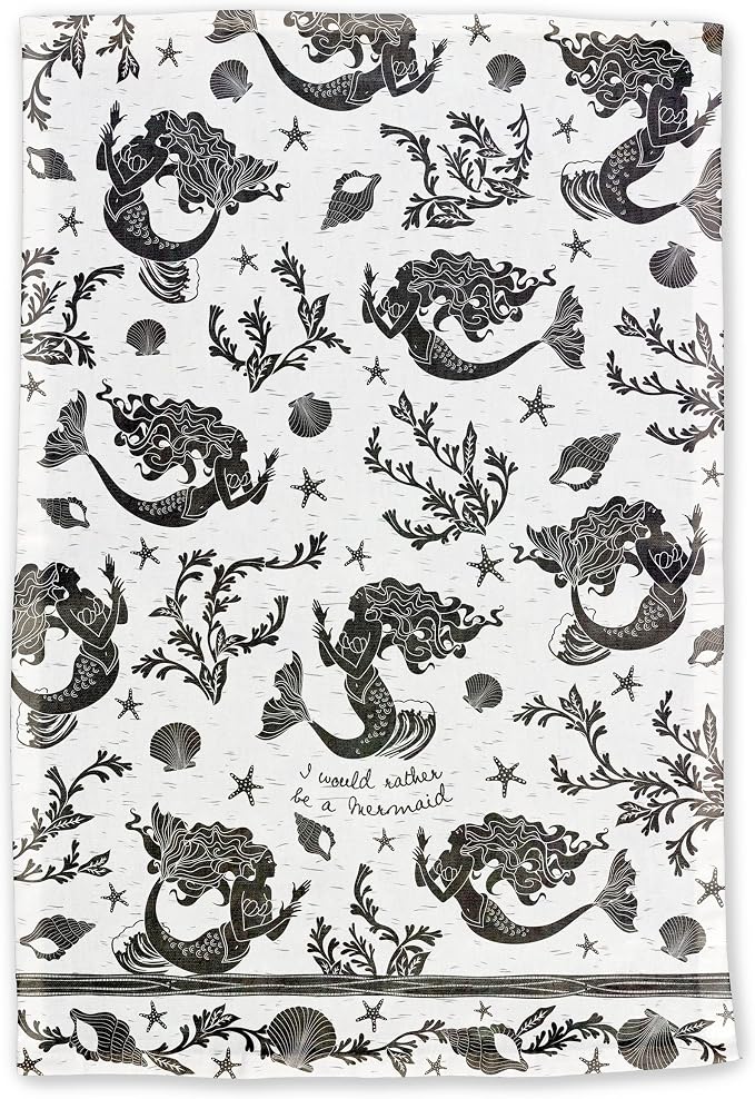 Karma Gifts Black And White Boho Tea Towel,Cotton, Mermaid 18" x 22"
