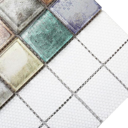 Antique 2'' x 2'' Glass Squared Tile Glazed Red Grey Grid Mosaic Wall Backsplash Tile PT31 (Box of 5 Sheets)