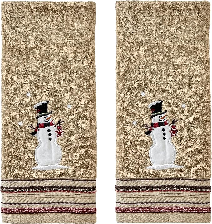 SKL Home Christmas/Winter Rustic Plaid Snowman Hand Towel Set-2pc, Wheat | 100% Cotton. 500 GSM. Soft & absorbent terry with embroidery. Great for the bathroom, kitchen or bar & holiday gifting.