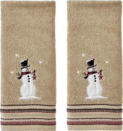 SKL Home Christmas/Winter Rustic Plaid Snowman Hand Towel Set-2pc, Wheat | 100% Cotton. 500 GSM. Soft & absorbent terry with embroidery. Great for the bathroom, kitchen or bar & holiday gifting.