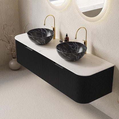 Yayzy 60" Floating Bathroom Vanity with Sink, Solid Wood Fluted Cabinet, White Marble-Patterned Ceramic Basin & Faux Marble Top, Soft-Close Drawer, Pre-Assembled, Gloss Black