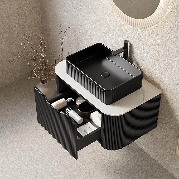 Yayzy 30" Floating Bathroom Vanity with Sink, Solid Wood Fluted Cabinet, Black Fluted Square Ceramic Basin & Faux Marble Top, Soft-Close Drawer, Pre-Assembled, Gloss Black